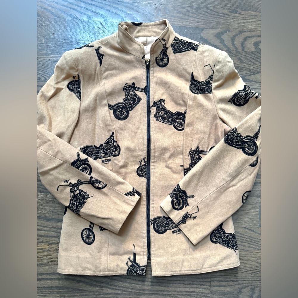 Moschino Tan Blazer with Black Motorcycle Print